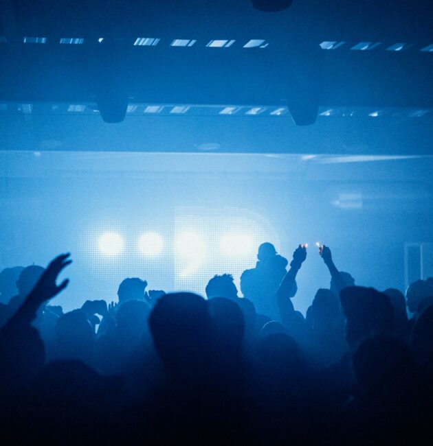 a crowd of people at a concert with their hands in the air