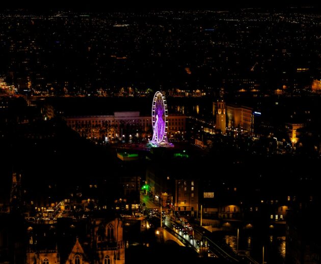 a city at night with a ferris wheel lit up